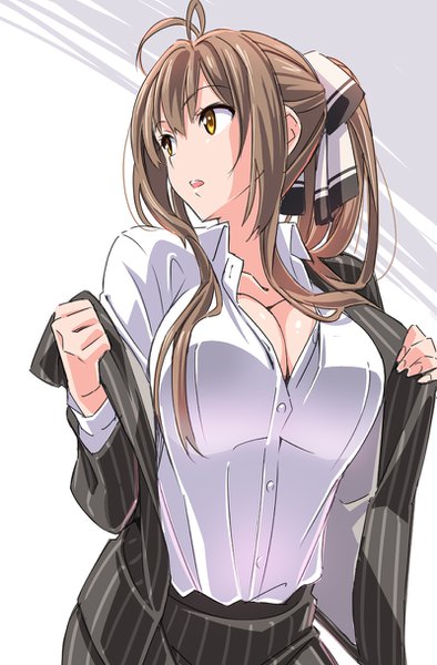Anime picture 800x1216 with amagi brilliant park kyoto animation sento isuzu suzutsuki kurara single long hair tall image breasts open mouth light erotic brown hair large breasts white background yellow eyes payot looking away cleavage upper body ahoge ponytail