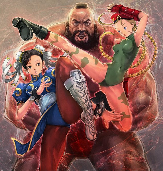 Anime picture 953x1000 with street fighter capcom chun-li cammy white zangief boyaking(sbf) long hair tall image blue eyes light erotic black hair blonde hair multiple girls brown eyes looking away ahoge braid (braids) hair bun (hair buns) twin braids chinese clothes