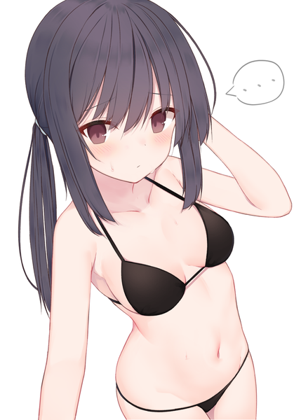 Anime picture 1036x1450 with original mm2k single long hair tall image looking at viewer blush fringe breasts light erotic black hair simple background hair between eyes standing white background brown eyes payot arm up sweat side ponytail