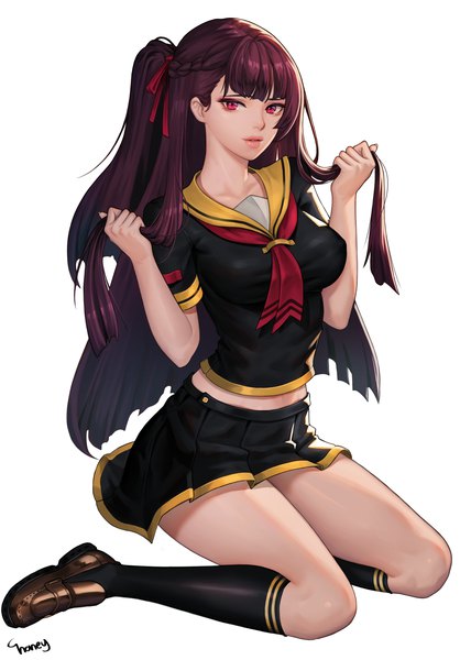Anime picture 2000x2872 with girls frontline wa2000 (girls frontline) choney single long hair tall image looking at viewer fringe highres breasts simple background red eyes brown hair large breasts white background sitting signed full body bent knee (knees) blunt bangs