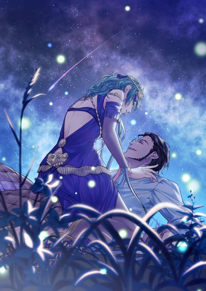 Anime picture 1075x1518 with fire emblem fire emblem: three houses nintendo byleth (fire emblem) byleth (female) (fire emblem) claude von riegan enlightened byleth (female) zhihaiwusheng long hair tall image short hair open mouth black hair smile sitting green eyes outdoors eyes closed green hair night