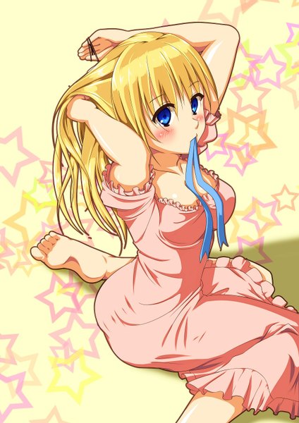 Anime picture 1100x1556 with original chicchi0531 single long hair tall image looking at viewer blush blue eyes blonde hair sitting holding cleavage barefoot from above mouth hold ribbon in mouth girl ribbon (ribbons) star (symbol) pajamas