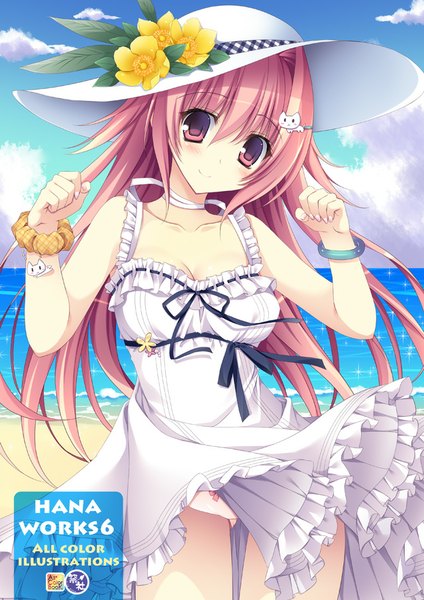 Anime picture 640x905 with original nanaroba hana single long hair tall image looking at viewer blush breasts light erotic smile red eyes standing bare shoulders pink hair sky cloud (clouds) head tilt beach horizon wrist scrunchie