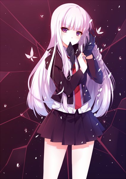 Anime picture 1000x1414 with dangan ronpa kirigiri kyouko caidychen single long hair tall image looking at viewer purple eyes holding white hair mouth hold adjusting gloves glove in mouth girl skirt gloves petals necktie black skirt