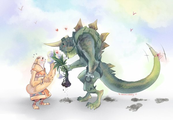 Anime picture 1024x711 with kaminary blush standing cloud (clouds) profile horn (horns) couple face to face valentine flower (flowers) animal heart armor bird (birds) gift bouquet dragon thorns dinosaur