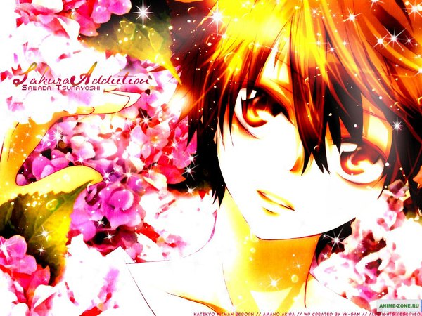 Anime picture 1024x768 with katekyou hitman reborn sawada tsunayoshi single short hair brown hair brown eyes face boy flower (flowers) petals