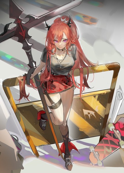Anime picture 1653x2307 with arknights surtr (arknights) surtr (liberte echec) (arknights) ka shou yu jiu single long hair tall image looking at viewer fringe breasts hair between eyes standing payot full body bent knee (knees) ponytail red hair horn (horns) from above short sleeves