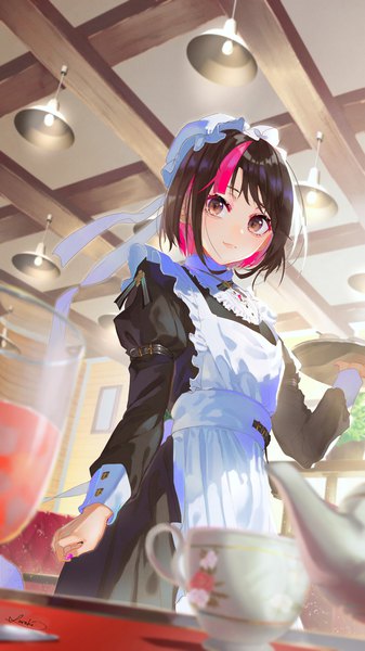 Anime picture 1012x1800 with original saraki single tall image looking at viewer fringe short hair black hair standing holding brown eyes signed pink hair indoors long sleeves nail polish arm up light smile blurry two-tone hair
