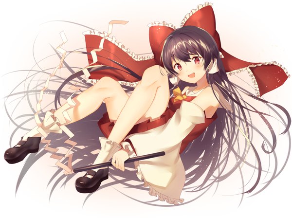 Anime picture 3000x2244 with touhou hakurei reimu nenobi (nenorium) single looking at viewer blush fringe highres open mouth black hair simple background hair between eyes red eyes full body very long hair :d girl bow hair bow detached sleeves