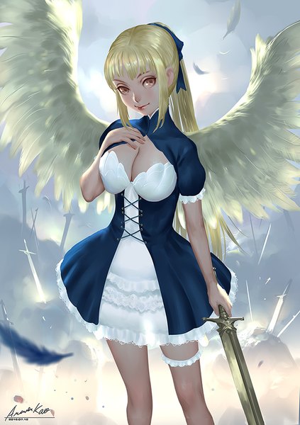 Anime picture 635x900 with original ariver kao single long hair tall image fringe breasts light erotic blonde hair smile large breasts standing holding brown eyes signed sky cleavage cloud (clouds) ponytail lips