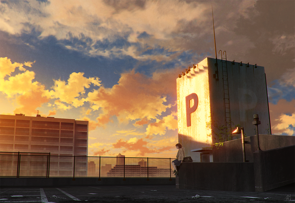 Anime picture 1100x757 with original mocha (cotton) single short hair brown hair sitting looking away sky cloud (clouds) full body outdoors sunlight city evening cityscape girl shoes building (buildings) bag lamp