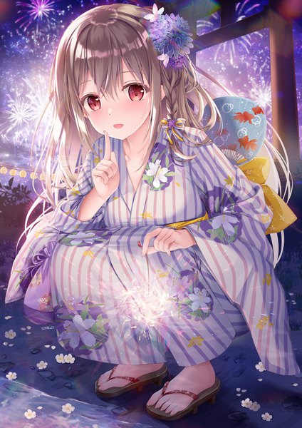 Anime-Bild 1768x2500 mit twinbox school original maeda shiori sousouman single long hair tall image looking at viewer fringe highres breasts open mouth smile hair between eyes red eyes brown hair holding payot full body outdoors