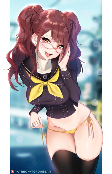 Anime picture 3850x5950 with persona 4 persona kujikawa rise tofuubear single long hair tall image looking at viewer highres open mouth light erotic brown hair standing twintails signed absurdres blurry ass visible through thighs panty pull bespectacled