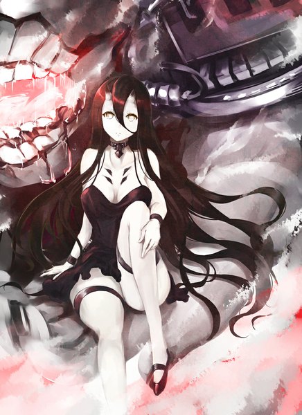 Anime picture 800x1100 with kantai collection battleship-symbiotic hime kz nagomiya single long hair tall image looking at viewer fringe breasts open mouth light erotic hair between eyes large breasts sitting yellow eyes cleavage bent knee (knees) red hair horn (horns) teeth