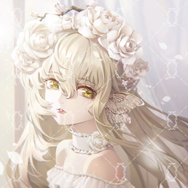 Anime picture 1080x1080 with original doconim single long hair looking at viewer fringe blonde hair hair between eyes yellow eyes parted lips hair flower lips portrait girl hair ornament flower (flowers) rose (roses) butterfly hair ornament wreath white rose