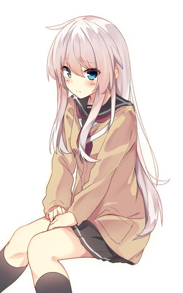 Anime picture 500x800 with original seki (l0410706268) single long hair tall image looking at viewer blush fringe blue eyes simple background hair between eyes white background sitting ahoge white hair long sleeves girl uniform socks serafuku