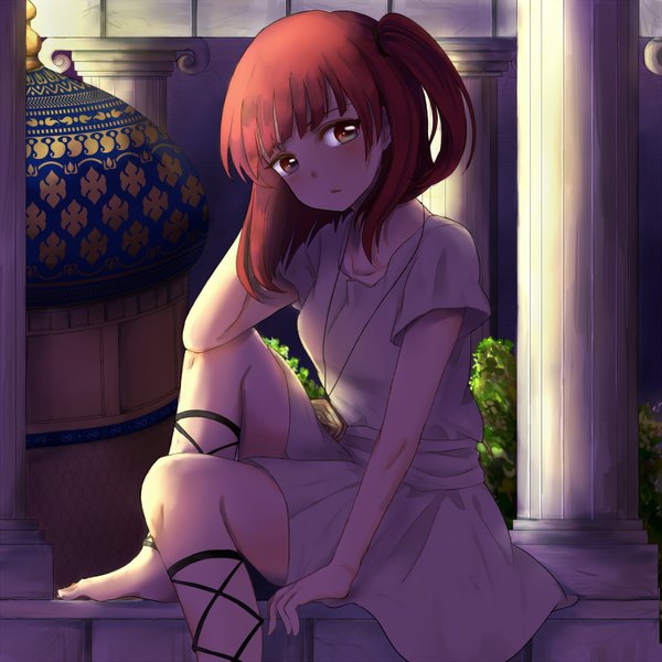 Anime picture 1500x1500 with magi the labyrinth of magic a-1 pictures morgiana single looking at viewer blush short hair sitting brown eyes red hair barefoot one side up girl dress