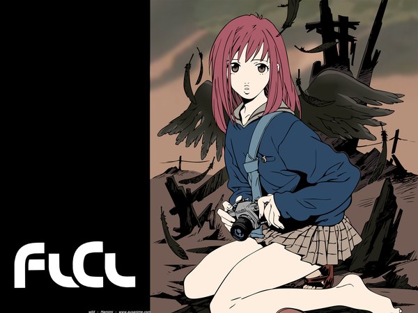 Anime picture 1600x1200 with flcl gainax samejima mamimi brown eyes pink hair barefoot legs skirt wings camera
