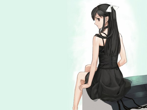 Anime picture 1024x768 with original long hair black hair sitting brown eyes wallpaper dress ribbon (ribbons)