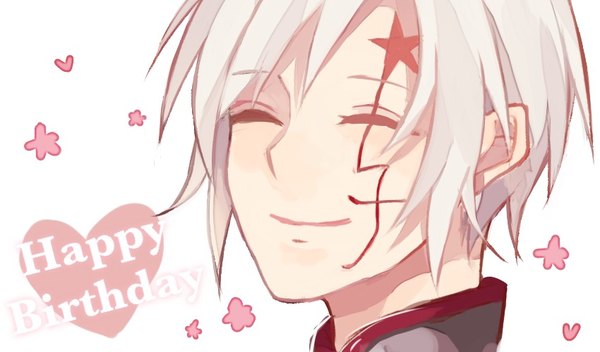 Anime picture 850x500 with d.gray-man allen walker omamon single short hair simple background smile wide image white background white hair eyes closed facial mark close-up ^ ^ happy birthday boy star (symbol) flower (symbol)