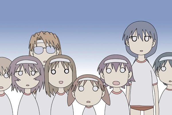 Anime picture 1024x689 with azumanga daioh j.c. staff kasuga ayumu mihama chiyo takino tomo sakaki kagura (azumanga) mizuhara koyomi short hair open mouth brown hair twintails multiple girls loli wallpaper 6+ girls o o 8 girls girl uniform