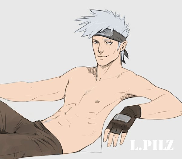 Anime picture 1038x904 with naruto studio pierrot naruto (series) hatake kakashi l.pilz single looking at viewer short hair simple background red eyes bare shoulders nipples grey hair inscription grey background grey eyes heterochromia scar topless reclining