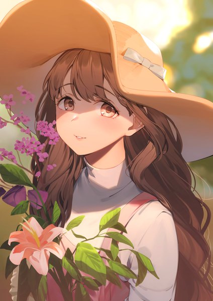 Anime picture 2894x4093 with original nyum single long hair tall image looking at viewer blush fringe highres brown hair brown eyes upper body outdoors parted lips shadow wavy hair girl flower (flowers) hat turtleneck