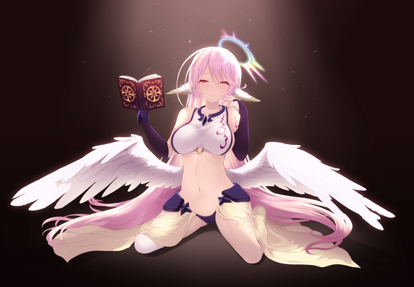 Anime picture 8504x5906 with no game no life madhouse jibril (no game no life) cait single looking at viewer fringe highres breasts open mouth light erotic smile hair between eyes red eyes large breasts sitting bare shoulders holding yellow eyes pink hair