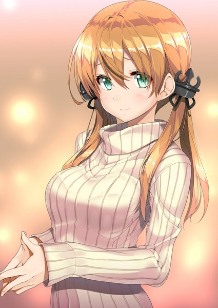 Anime picture 796x1125 with kantai collection prinz eugen (kantai collection) gintarou (kurousagi108) single long hair tall image looking at viewer blush breasts simple background blonde hair smile hair between eyes large breasts twintails green eyes upper body fingers together girl hair ornament