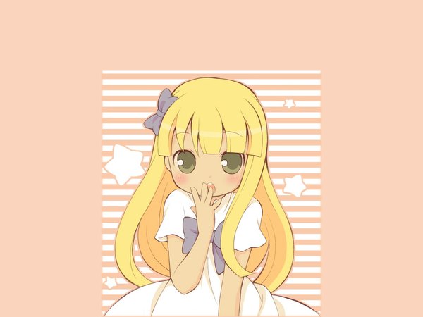 Anime picture 1024x768 with children of the rune single long hair blush open mouth simple background blonde hair green eyes girl bow hair bow star (symbol)