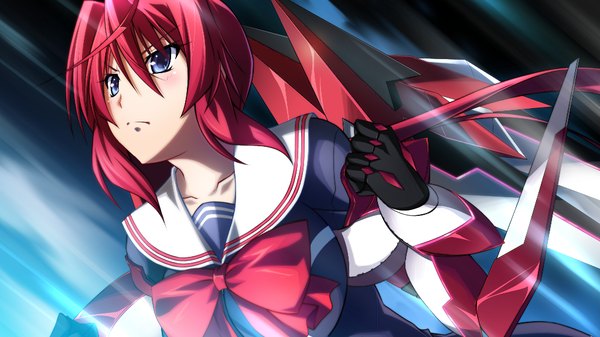 Anime picture 1024x576 with zero infinity long hair blush blue eyes wide image game cg ponytail red hair mechanical parts girl uniform school uniform