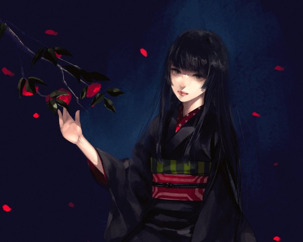 Anime picture 1280x1024 with original porigon single long hair looking at viewer black hair brown eyes traditional clothes japanese clothes blue background girl flower (flowers) petals kimono