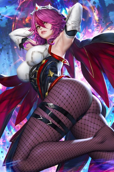 Anime picture 2400x3597 with genshin impact rosaria (genshin impact) nudtawut thongmai single tall image blush fringe highres short hair breasts light erotic hair between eyes large breasts standing brown eyes signed looking away purple hair bent knee (knees) ass