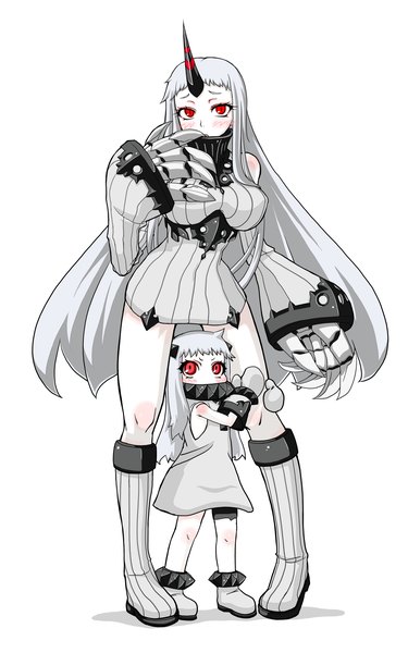 Anime picture 1346x2152 with kantai collection northern ocean hime seaport hime zenryoku natsuyasumi long hair tall image looking at viewer blush light erotic simple background red eyes white background multiple girls silver hair ahoge horn (horns) shadow loli finger to mouth shinkaisei-kan
