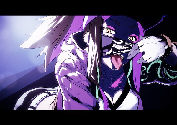 Anime picture 1200x848 with league of legends k/da (league of legends) akali (league of legends) k/da akali nilitsu single long hair looking at viewer yellow eyes payot purple hair ponytail leaning leaning forward letterboxed eyeshadow mask pull girl gloves tongue