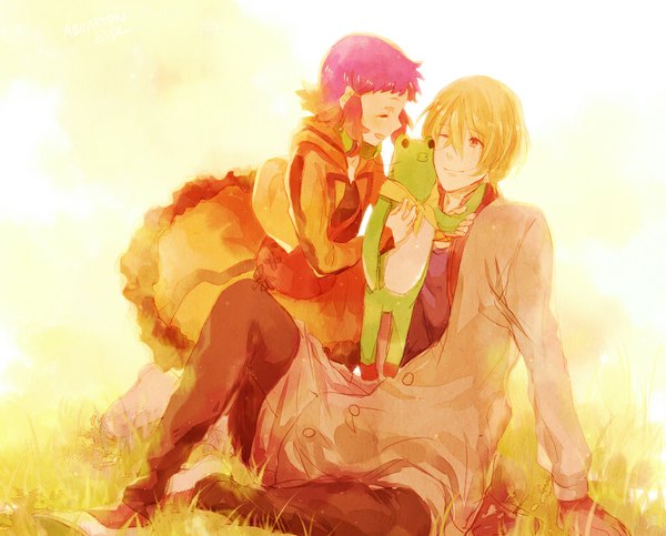 Anime picture 1018x820 with aquarion (series) aquarion evol satelight jin musou yunoha thrul short hair open mouth blonde hair smile sitting pink hair eyes closed one eye closed multicolored hair wink orange hair couple girl boy plant (plants)