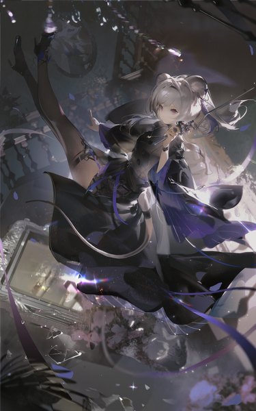 Anime picture 5044x8073 with arknights lin yuhsia (arknights) claw (rjtd7274) single long hair tall image highres purple eyes animal ears absurdres silver hair full body tail animal tail from above sparkle high heels mouse ears mouse tail mouse girl