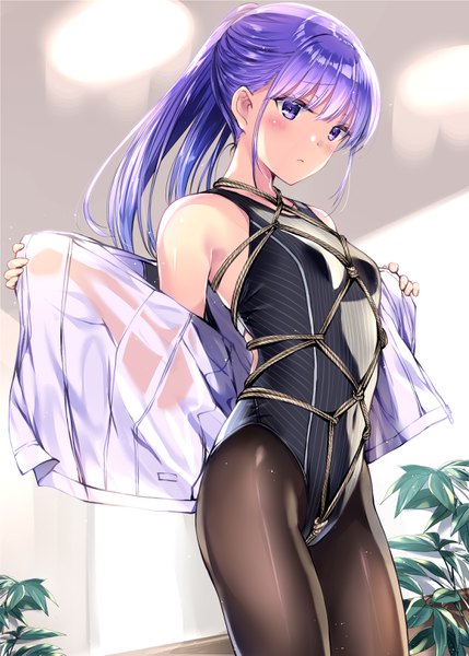Anime picture 2220x3106 with original kobayashi chisato single long hair tall image blush fringe highres breasts light erotic standing purple eyes payot purple hair ponytail indoors blunt bangs dutch angle covered navel looking down