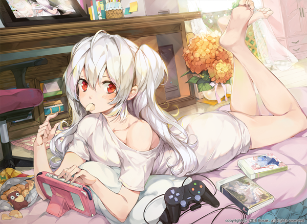 Anime picture 978x715 with original bosack single long hair looking at viewer fringe hair between eyes red eyes twintails white hair lying barefoot off shoulder on stomach leg lift (legs lift) girl flower (flowers) pillow t-shirt controller