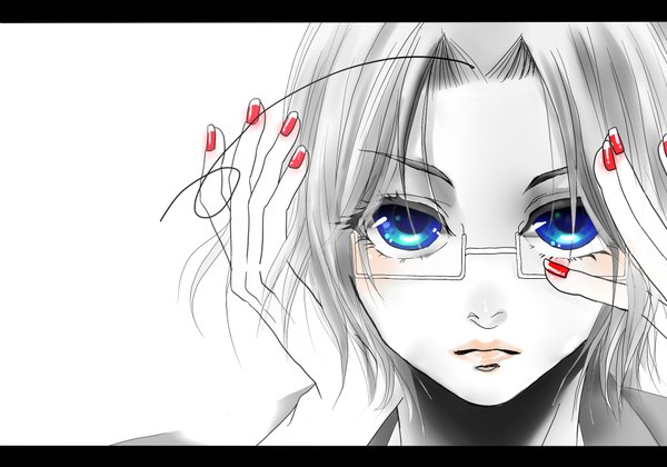 Anime picture 2000x1400 with axis powers hetalia studio deen migikata no chou (vocaloid) canada (hetalia) single looking at viewer blush highres short hair blue eyes simple background white background nail polish lips monochrome serious boy glasses
