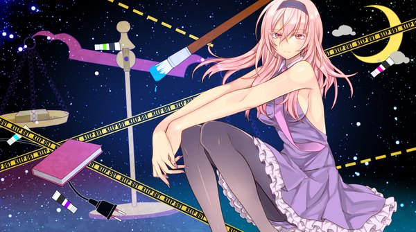 Anime picture 2000x1119 with utau gahata mage toudou charo single long hair looking at viewer highres wide image sitting pink hair pink eyes girl dress pantyhose hairband black pantyhose book (books) paintbrush art brush caution tape