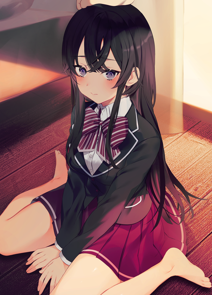 Anime picture 716x1000 with original achiki long hair tall image blush fringe black hair hair between eyes sitting purple eyes payot full body indoors pleated skirt barefoot light smile wariza solo focus hand on another's head headpat