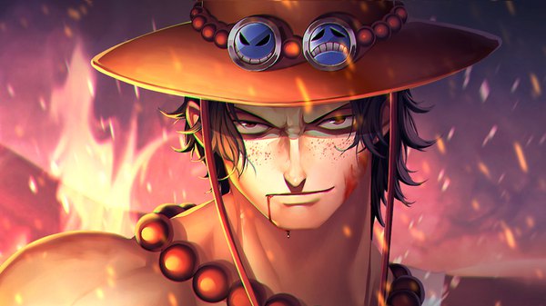 Anime picture 1920x1080 with one piece toei animation portgas d. ace zhang ding single looking at viewer highres short hair black hair wide image upper body light smile black eyes blurry depth of field wallpaper shaded face face blood on face boy