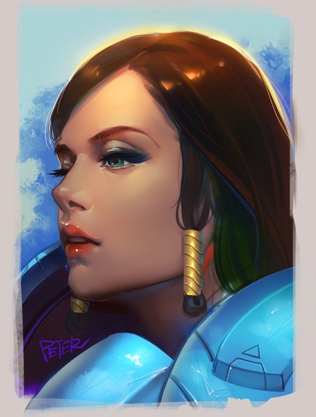 Anime picture 710x937 with overwatch blizzard entertainment pharah (overwatch) superschool48 single long hair tall image brown hair signed looking away parted lips realistic lipstick dark skin portrait eyeshadow red lipstick makeup girl armor