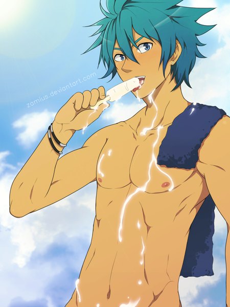 Anime picture 1536x2048 with zamius single tall image short hair blue eyes light erotic smile blue hair sky nipples nude boy navel food bracelet sweets ice cream towel popsicle