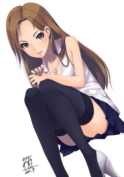 Anime picture 900x1280 with idolmaster idolmaster cinderella girls mistrail single long hair tall image looking at viewer open mouth light erotic simple background brown hair white background brown eyes pantyshot girl thighhighs skirt underwear panties black thighhighs