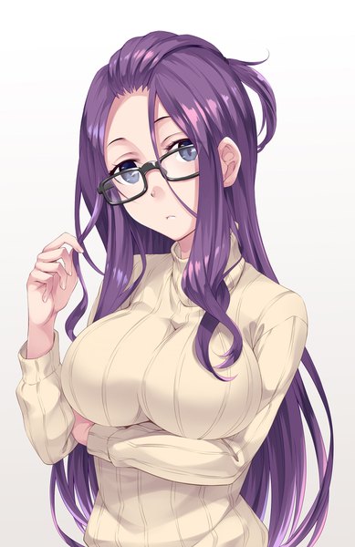 Anime picture 1184x1824 with yurucamp kagamihara sakura mukunokino isshiki single long hair tall image looking at viewer fringe breasts blue eyes simple background hair between eyes large breasts payot purple hair upper body gradient background adjusting hair breast hold holding arm