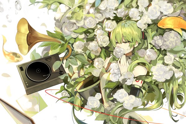 Anime-Bild 1200x802 mit vocaloid hatsune miku saberiii single long hair twintails bare shoulders upper body eyes closed green hair girl flower (flowers) detached sleeves animal rose (roses) fish (fishes) white rose phonograph