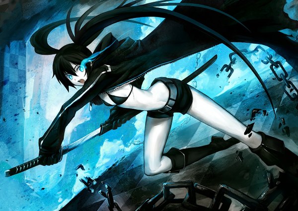 Anime picture 1280x908 with black rock shooter black rock shooter (character) asuka111 single long hair blue eyes black hair twintails glowing scar glowing eye (eyes) checkered floor unsheathing girl sword shorts katana chain cloak bikini top