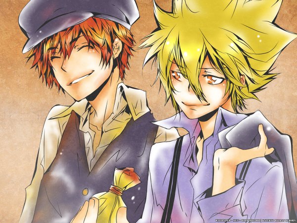 Anime picture 1280x960 with katekyou hitman reborn vongola primo giotto cozart shimon simple background blonde hair eyes closed orange hair orange eyes clothes on shoulders boy hat vest cap